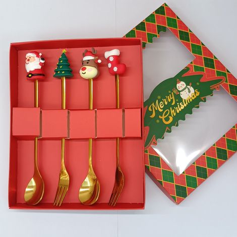 Coffret cadeau cuillère et fourchette en acier inoxydable avec motifs de Noël (ensemble de 4 pièces dans une boîte de Noël rouge) (1/4)