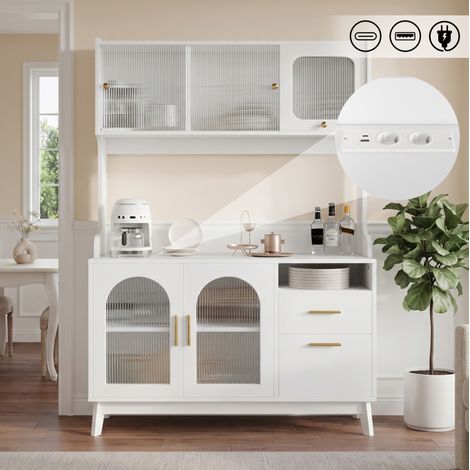 Buffet haut de salle à manger 120 x 40 x 178 cm, rangement multicases avec prises USB, blanc, REDOM (1/5)