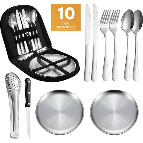 Ensemble de couverts 10 pièces pour 2 personnes en acier inoxydable, avec pochette de rangement incluse, service de table d'extérieur complet comprenant un couteau (1/5)
