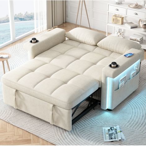 Canapé-lit 2 places en chenille beige, dossier réglable, LED, USB/Type-C, REDOM (1/5)