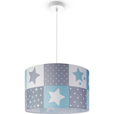 Paco Home Deckenlampe Kinder Pendelleuchte Kinderzimmer Stoffschirm Rund Bunt Baby E27 Pendelleuchte - Weiß, Blau (Ø45.5 cm)