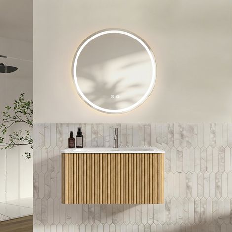 Ensemble meuble salle de bain 80cm chêne vasque, meuble & miroir LED rond, mural (1/5)