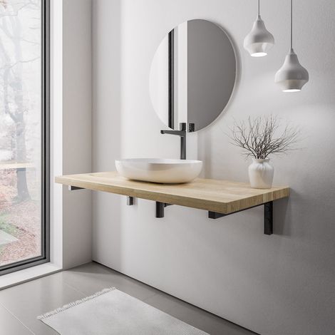 BERNSTEIN - plano de lavabo de roble macizo 120x52x7cm (LxAnxAl) + Soportes de fijación negros mate - PUREWOOD 120cm, Negro mate