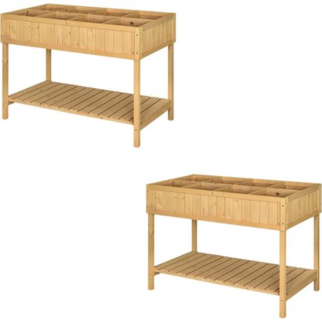 2er-Set pflanztisch Hochbeet Pflanztisch Blumenkasten Anzuchttisch 8 Fächer mit Abfluss Ablage Tanne Massivholz Naturholz 110 x 46 x 76 cm
