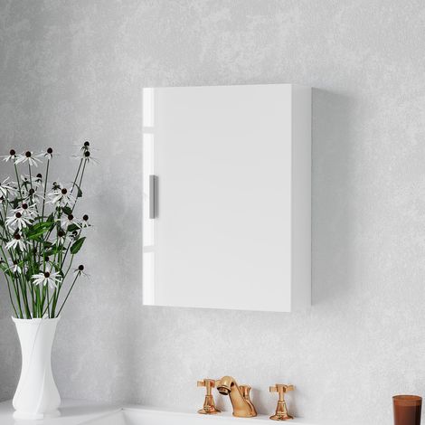 Wandhängender Badezimmerschrank mit Tür, Badezimmer-Wandschrank mit 3 verstellbaren Glasböden auf 3 Ebenen, hängender Badezimmerschrank aus Holz, 40 x 15 x 55 cm, Hochglanzweiß