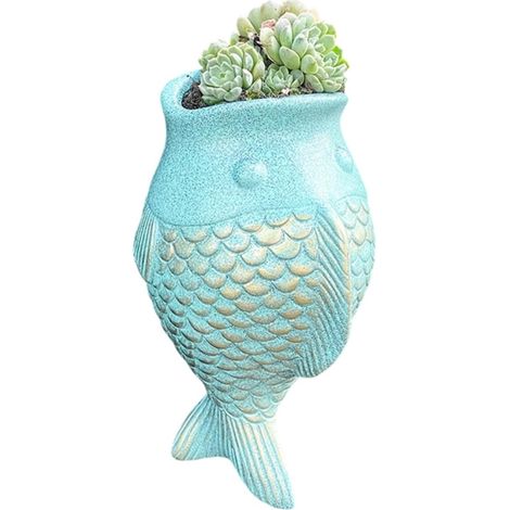 Pot de fleurs original en forme poisson, cache vert, suspendu résine, tacheté, décoration jardin, (1/5)
