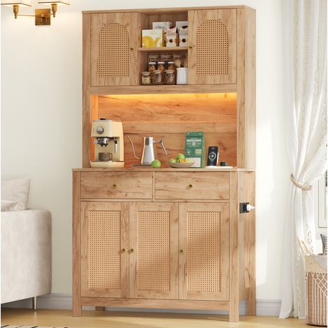 Armoire de cuisine haute avec éclairage LED RGB, prises et ports USB, portes en paille, tiroirs et étagères, meuble de rangement en MDF 100 x 40 x 180 cm pour séjour – CHICFURN (1/5)