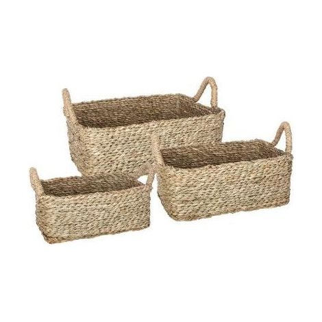 Atmosphera – Lot de 3 paniers de rangement rectangle en osier – Dimensions S: 28x16x11cm, M: 32x22x12cm, L: 36x26x13cm – Beige naturel