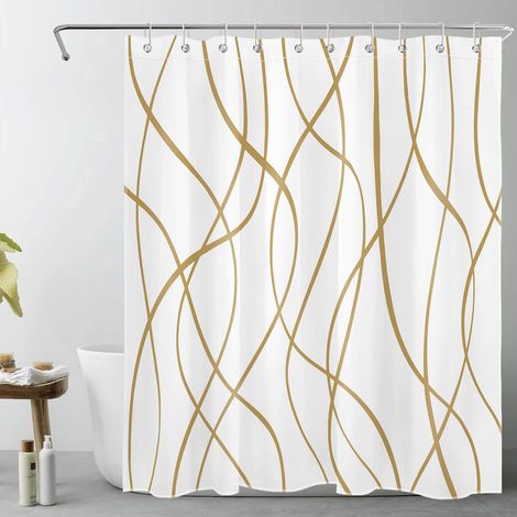 Abstrait Rideaux de Douche 150x200cm(LxH) Rayures d’Or foncé Rideaux de Bain avec Crochets, Blanc géométrique Moderne Extra Longue Imperméable Polyester Anti Moule Salle de Bain Décor (1/5)