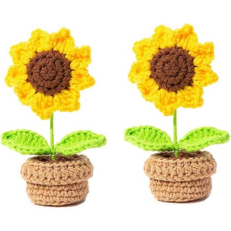 Mini fleurs en pot au crochet faites à la main, plantes mignonnes, décoration de voiture ou de bureau, cadeaux pour les amis, tournesol, plantes tricotées à la main (1/5)