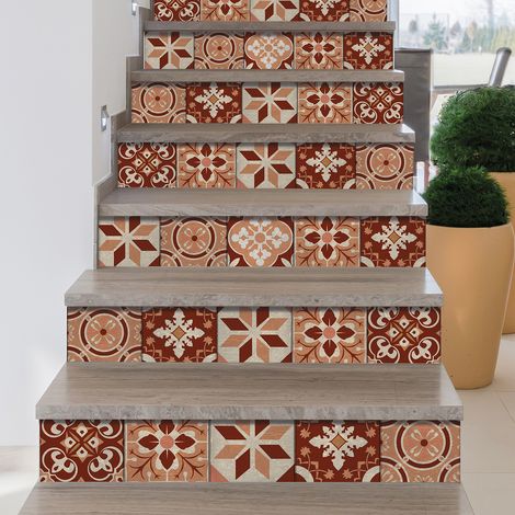 Lot de 3 stickers adhésifs pour contremarche – 19,5 cm x 100 cm – Motif carreaux rétro rouge et orange – Décor mural repositionnable – Plage (1/2)