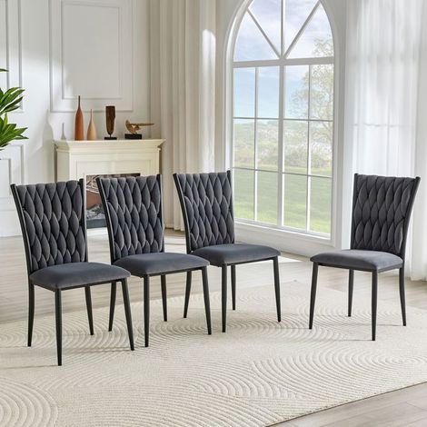 Chaise de salle à manger velours gris foncé dossier haut capitonné pieds métal stables assise rembourrée confortable (1/5)