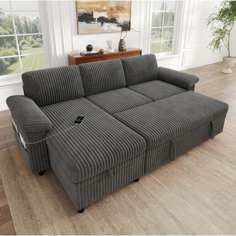 Sofá cama esquinero 3-4 plazas en terciopelo acanalado gris, con chaise longue reversible, arcón, puertos USB y Type-C, respaldo ajustable – CHICFURN para salón (1/5)