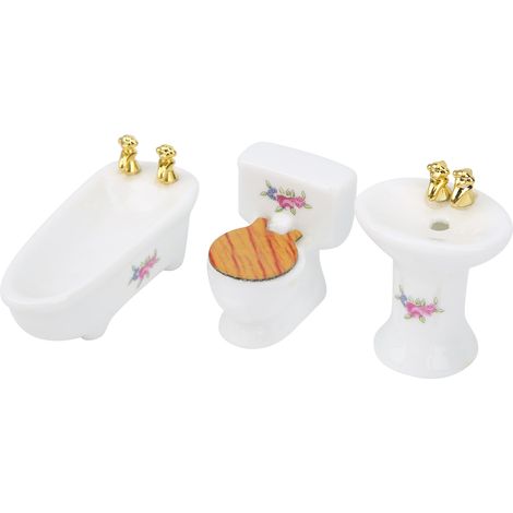 Ensemble de salle de bain miniature pour maison de poupée à l'échelle 1/24, baignoire, toilettes et lavabo en céramique, kit Rose (1/5)