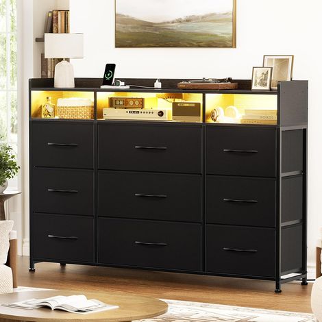 Commode avec Station De Charge Et Éclairage LED, Meuble TV À 9 Tiroirs en Tissu, Armoire De Rangement avec Plateau en Bois pour Chambre À Coucher, Salon, Couloir, Noir (1/5)