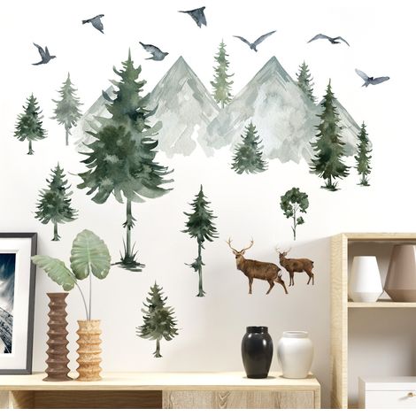 Lntyq Autocollants muraux en forme de montagne - Grand pin - À décoller et coller - Arbre de forêt, cerf, oiseaux, animaux - Pour chambre d'enfant (1/5)