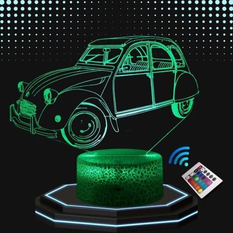 Lampe chevet 3D LED ACKERMAN voiture de collection 2CV deux chevaux, veilleuse à changement de couleurs, lampe tactile pour bureau et chambre vintage (1/4)