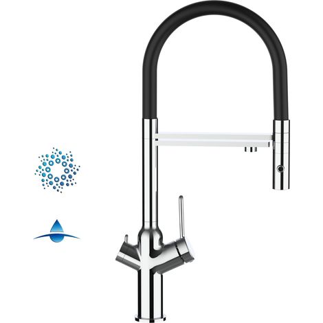 Rubinetto 4 vie miscelatore cucina cromato con canale separato per acqua filtrata, canna nera movibile e doccia due getti staccabile - serie BOD (1/5)