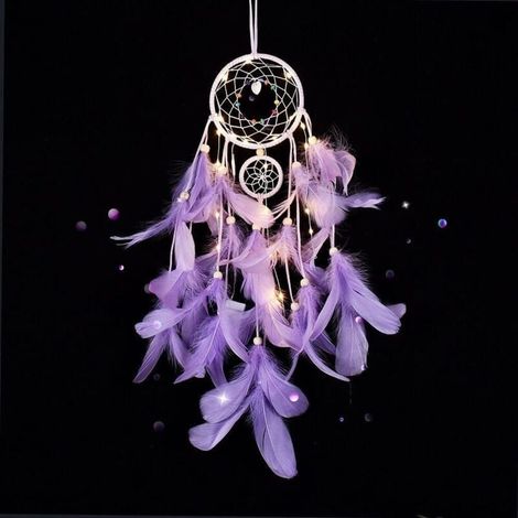 Atrapasueños iluminado, decoración para habitación de niña, hecho a mano, luminoso, con plumas, tapiz bohemio, colgante de pared para dormitorio, decoración de boda (1/5)