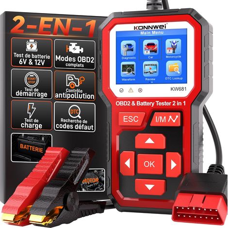 Valise Diagnostic Auto 2 en 1, Lecteur OBD2 Diagnostic Voiture avec Testeur de Batterie Voiture 6V/12V, Test Batterie CCA/SOH/SOC, Compatible Véhicules Essence
