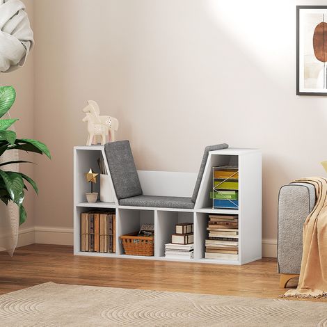 Estantería con asiento, 6 compartimentos, tapizada, 105 x 30 x 63 cm, blanca (1/5)