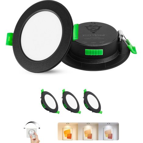 Spot LED Encastrable 230V Dimmable Noir - IP44 Spots de plafond Encastre extra plats - 6W, 2700K/4000K/6000K, éclairage LED pour salle de bain, salon et cuisine, Ø75-90mm, Lot de 3 (1/5)