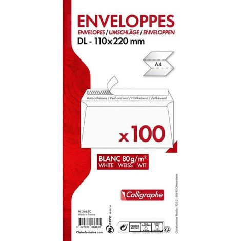 Enveloppe auto-adhésive - CLAIREFONTAINE - 110x220 mm - 80g - Paquet de 100 - Blanc (1/2)