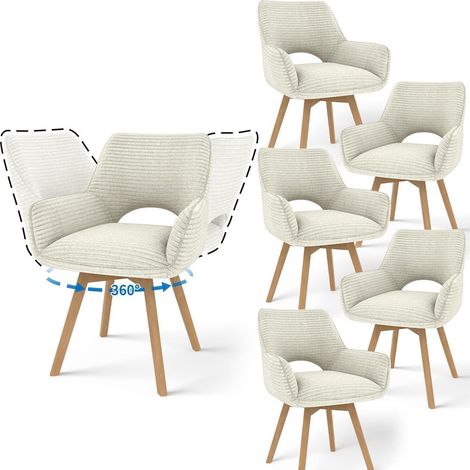 6er Set Esszimmerstühle drehbar mit Armlehne und Holzbeinen, 360° drehbar, beige (1/5)