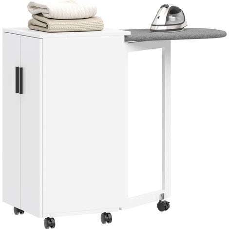 Table à repasser pliable 2 en 1 sur roulettes avec étagère réglable blanc (1/5)