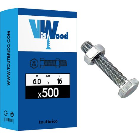 500 boulons 6x16mm tête hexa - zingué Viswood