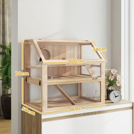 Cage hamster bois naturel 3 étages avec couvercle à charnière et roue, 80x50x76 cm, habitat rongeur spacieux (1/5)