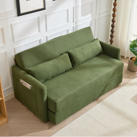Sofá cama plegable de 2 plazas en tejido de pana verde con 2 cojines y bolsillos HAVRYA (1/5)