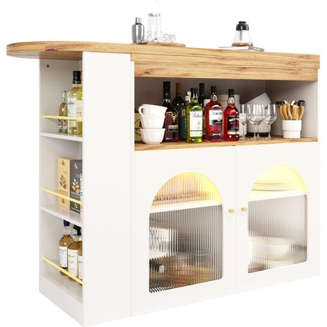 Bar extensible avec rangement 138-193 x 39 x 105 cm, pivotante à 360°, avec LED, tablette vitrée et structure MDF, idéale pour salle à manger CHICFURN (1/5)