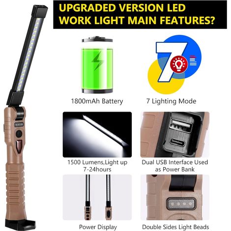 Lampe de travail rechargeable, lampe d'inspection LED COB magnétique avec 7 modes de fonctionnement, affichage de l'alimentation, base magnétique et crochet pour camping, maison, atelier, [Classe éner (1/4)