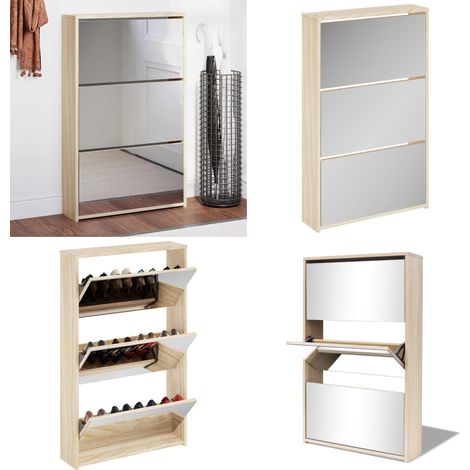 Schuhschrank mit 3 Fächern Spiegel Eiche-Optik 63x17x102,5 cm - Spiegel Schrank - Schuhschrank - Flurmöbel - Schuh Regal - Eiche Optik - Home & Living