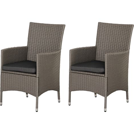 Outsunny 2 Pieces Outdoor PE Rattan Dining Chairs Set with Cushion, Garden Armchair with Armrests, High Backrest, Metal Frame Patio Wicker Furniture, Grey (1/5)