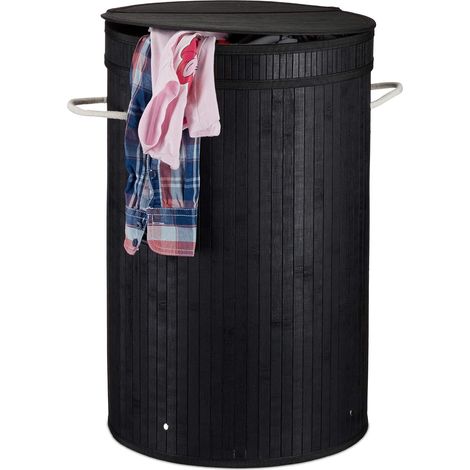 Panier à linge bambou corbeille à linge ronde sac à linge 65 litres bac coffre couvercle XXL, noir (1/5)