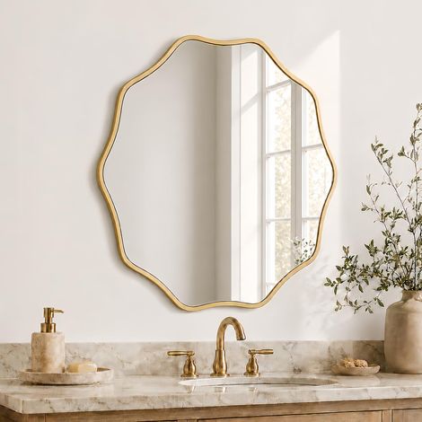 Miroir mural rond - Miroir ondulé avec cadre en bois - Miroir décoratif à suspendre ou à s'appuyer - Miroir de salle de bain - Miroir de couloir - Miroir de salon - Design en bois naturel (1/5)