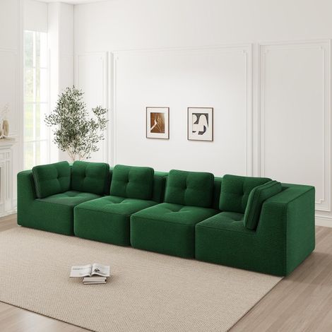 Canapé modulaire 4 places vert en velours côtelé, assise profonde, sans montage (1/5)