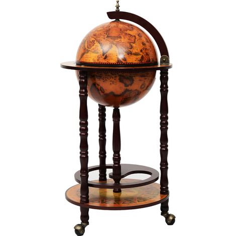 Portabottiglie vintage a forma di globo 44,3 x 44,3 x 88 cm con 3 ruote stile italiano in legno marrone 200019253