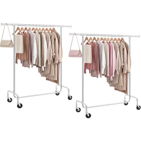 Portant à Vêtements avec Roulettes, Lot de 2, Tringle Extensible pour Charge Lourde, Capacité de Charge 130 kg, Porte-manteau pour Vêtements, en Métal, Chromé, Argent HSR011S02 (1/5)