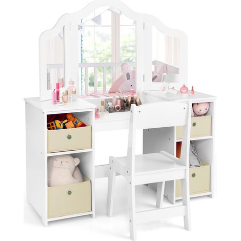 Coiffeuse enfant blanche avec bureau, chaise, 3 miroirs acryliques amovibles et 4 bacs de rangement pour chambre et salle de jeux (1/5)