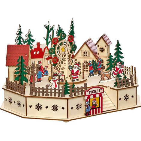 Piazza del villaggio di natale luminosa, in legno, animata e musicale, con 9 led, lunghezza 29 cm, alimentata a batterie - Atmosphera créateur d'intérieur (1/3)