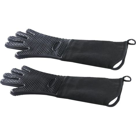 Extra lange Silikon-Ofenhandschuhe, hitzebeständig und rutschfest, aus gesteppter Baumwolle, zum Grillen, Kochen und Backen – schwarz
