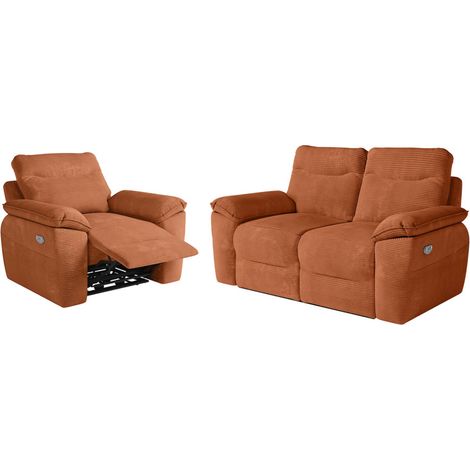 PACK - Canapé de relaxation ROSS électrique 2 places et fauteuil en velours côtelé - Terracotta