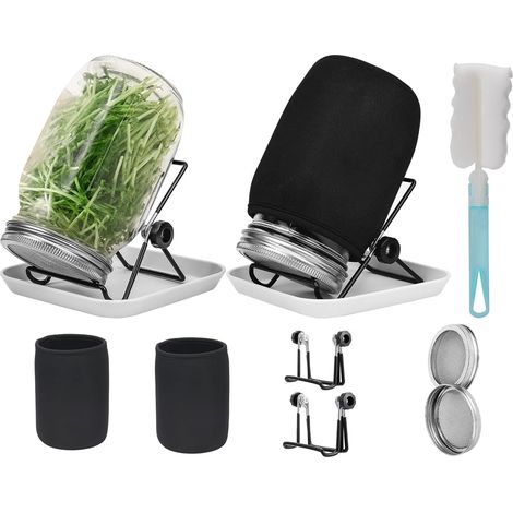 Kit de germination de graines en bocal, 2 bocaux de 1000 ml (86 mm) avec couvercles à germination en acier inoxydable, plateau, support, tissu d'ombrage et goupillon.