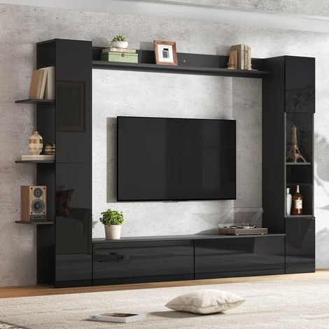 Meuble TV mural de salon lot de 4 avec portes réversibles et rangement meuble de rangement Conception d'armoire double face Noir