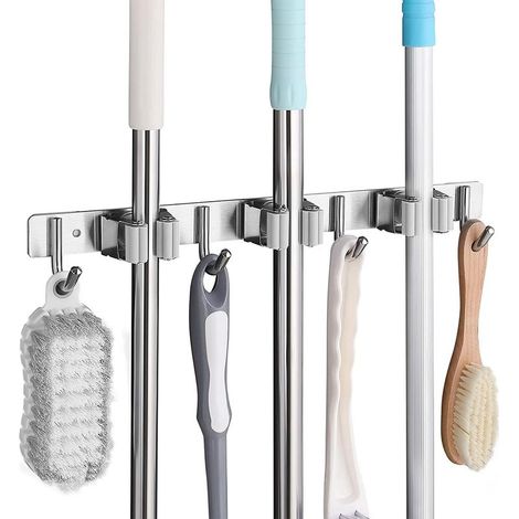 Wandmontierter Besenhalter aus Edelstahl, Besenhalterung mit 3 Schlitzen und 4 Haken für Küche, Bad, Garage und Garten, Grau (1/5)