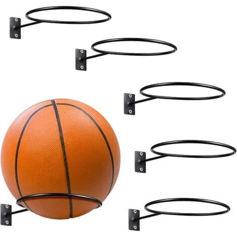Présentoir mural pour 6 ballons, rack de rangement en métal noir, support universel pour ballons de basket et football, fixation murale pratique.