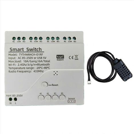 Interrupteur intelligent Tuya WiFi à 4 canaux avec capteur de température et d'humidité, contact sec passif pour C (1/5)